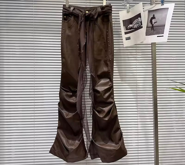 Women Fashion Rivet Faux Leather Ruched Pants