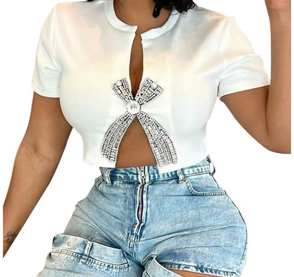 Women Fashion Short Sleeve Bling Bow Crop Top