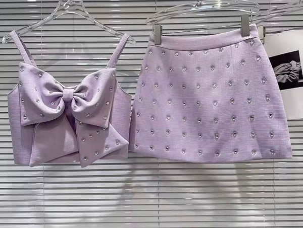 Women Sleeveless Rhinestone Bow Sexy Two Piece Skirt Set