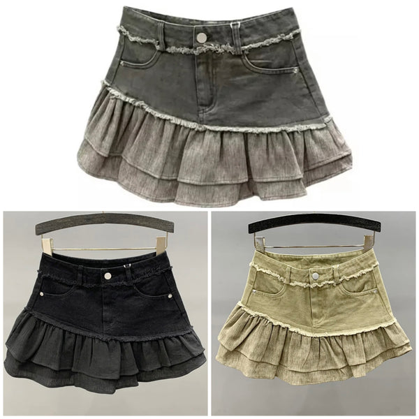 Women Sexy Fashion Ruffled Pleated Denim Skirt