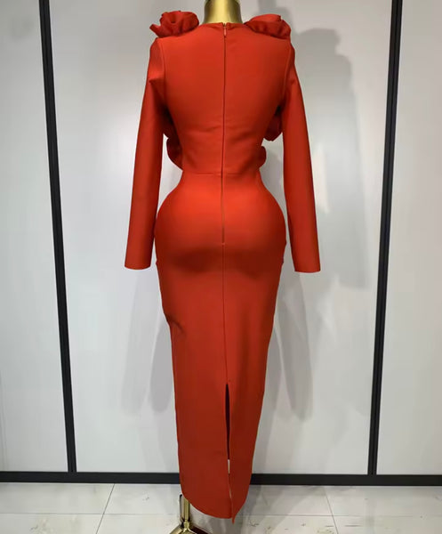 Women Sexy Red 3D Floral Gold Pin Full Sleeve Maxi Dress