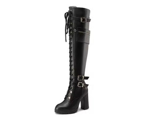 Women Fashion Buckled Pocket Platform Knee High Boots