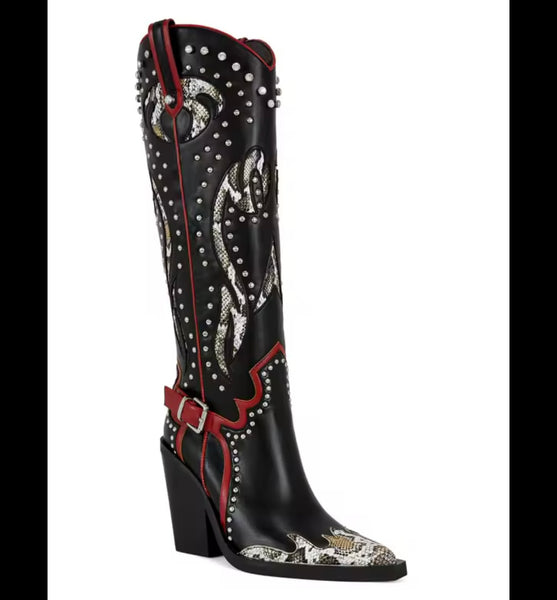 Women Fashion Animal Print Rivet Buckled Knee High Western Boots