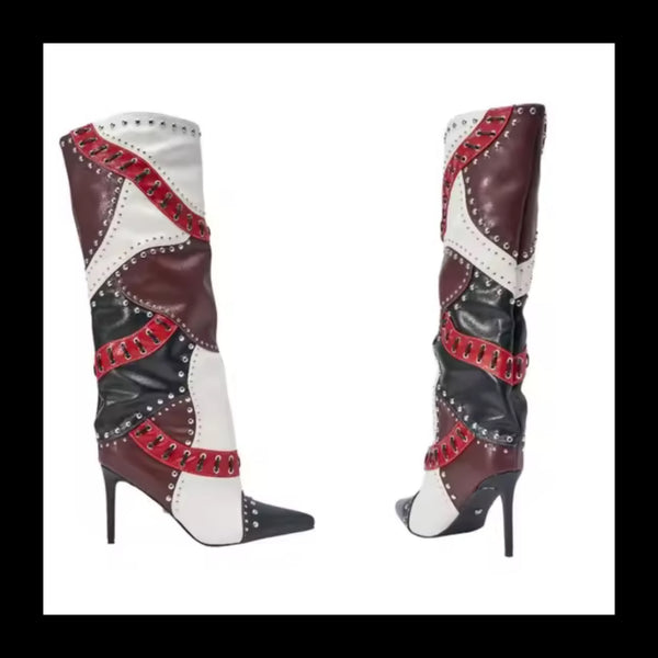 Women Fashion Pointed Toe Color Patchwork Knee High Boots