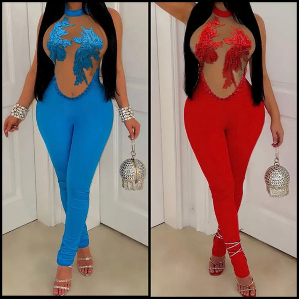 Women Sexy Sleeveless Sequins Mesh Patchwork Jumpsuit