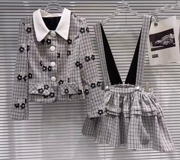 Women Floral Plaid Button Up Fashion Two Piece Skirt Set