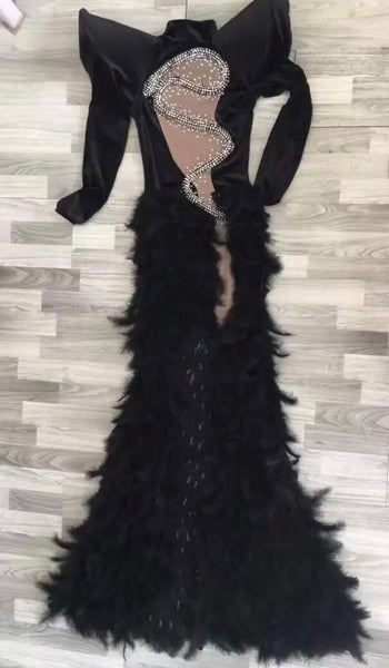 Women Sexy Full Sleeve Bling Feather Mesh Patchwork Velour Maxi Dress