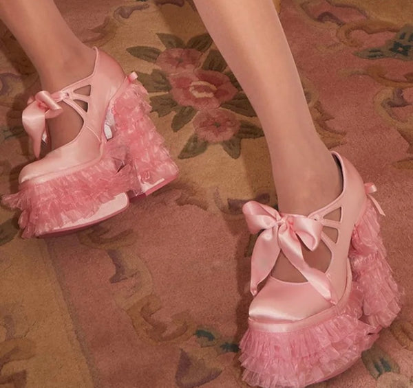 Women Fashion Pink Platform Ruffled High Heel Shoes