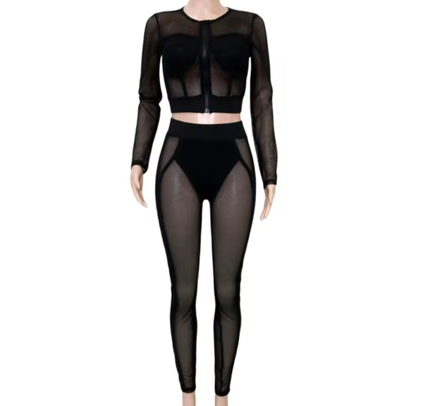 Women Sexy Zip Up Full Sleeve Mesh Two Piece Pant Set