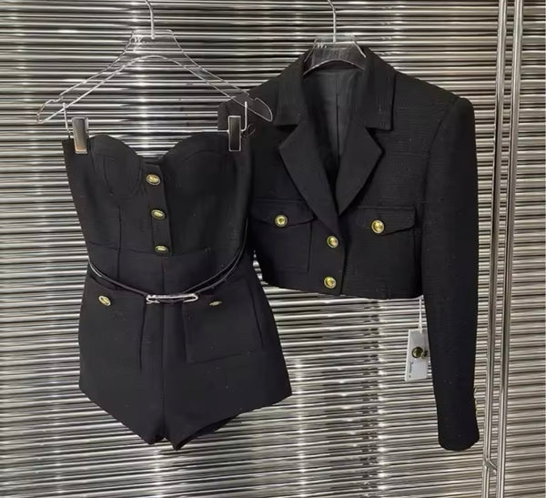 Women Black Button Up Tweed Two Piece Blazer Romper Set