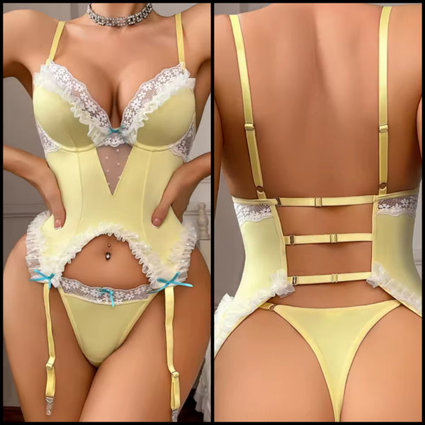 Women Yellow Ruffled Sexy Bow Lingerie Set