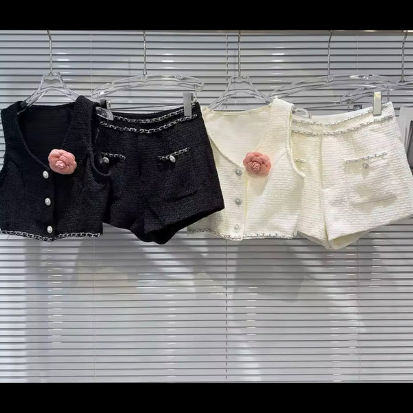 Women Button Up Flower Chain Sleeveless Tweed Two Piece Short Set
