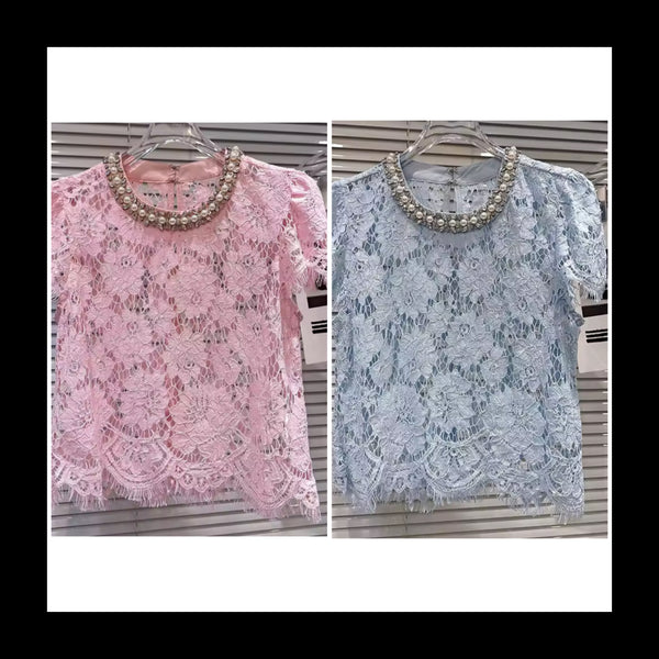 Women Fashion Pearl Rhinestone Lace Short Sleeve Top