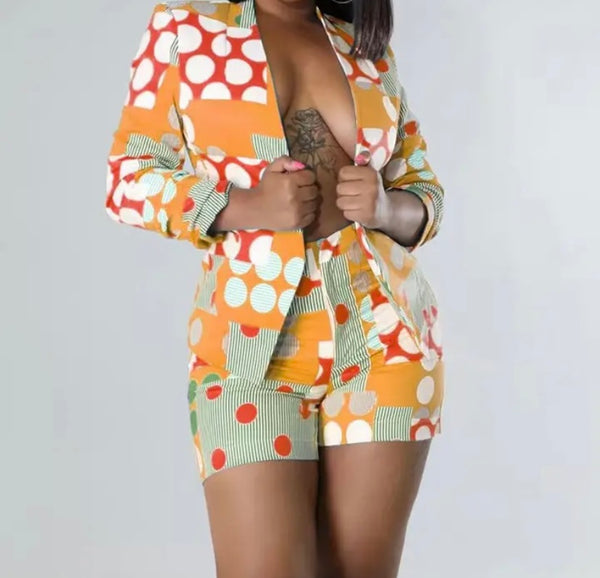 Women Colorful Print Full Sleeve Fashion Blazer Two Piece Short Set