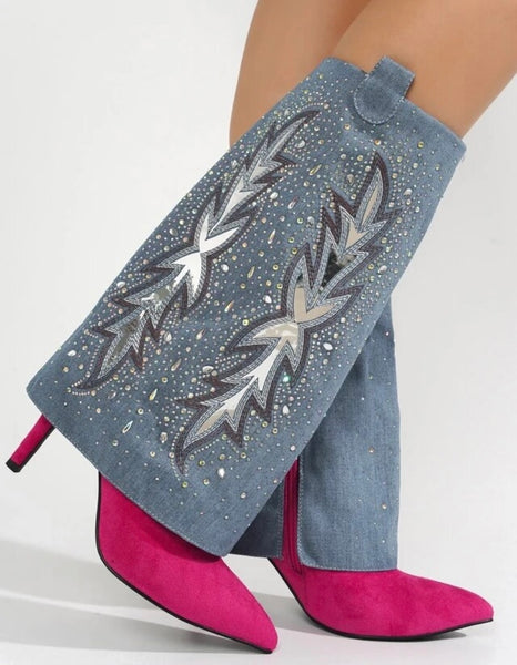 Women Fashion Color Patchwork High Heel Suede Denim Boots