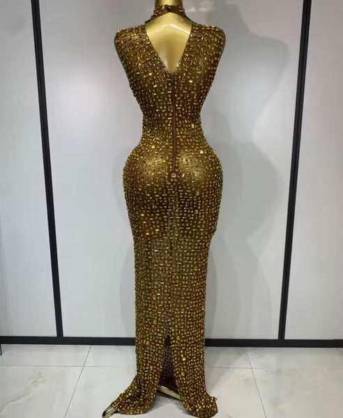 Women Sexy Sleeveless Color Crystal Mesh Maxi Dress