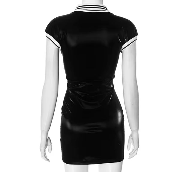Women Sexy Short Sleeve Striped Collar Black Dress