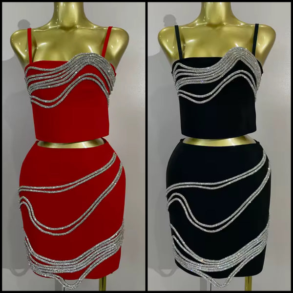 Women Sleeveless Rhinestone Patchwork Two Piece Skirt Set