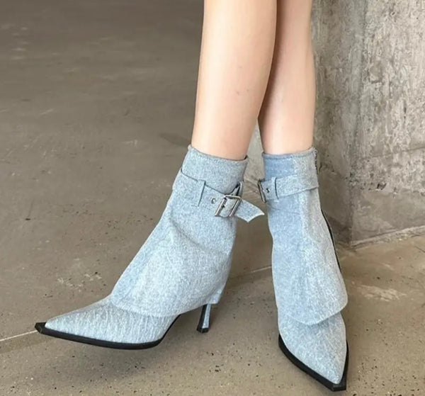 Women Pointed Toe Buckled Fashion High Heel Ankle Boots