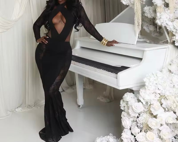 Women Sexy Halter Black Lace Full Sleeve Maxi Dress