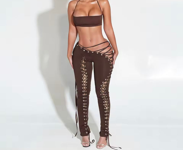 Women Sexy Sleeveless Cut Out Tie Up Two Piece Pant Set
