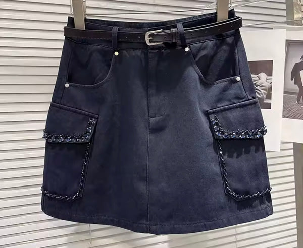 Women Fashion Beaded Bling Pocket Skirt