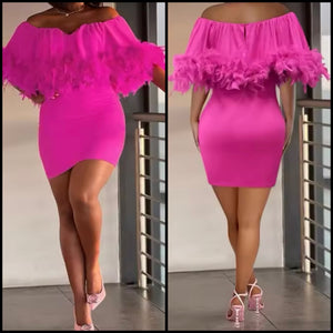 Women Pink Sexy Feather Off The Shoulder Dress