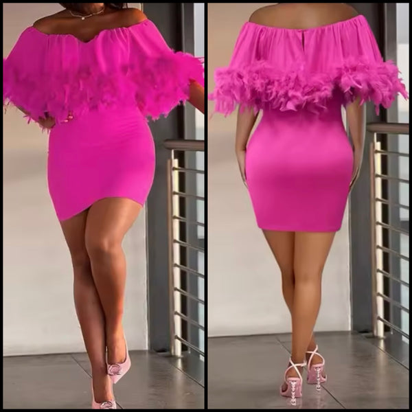 Women Pink Sexy Feather Off The Shoulder Dress