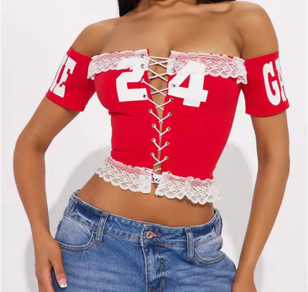 Women Off The Shoulder Short Sleeve Number Lace Tie Up Crop Top