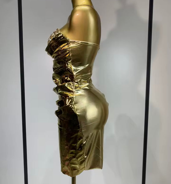 Women Sexy Strapless Gold Metallic Bling Ruched Dress