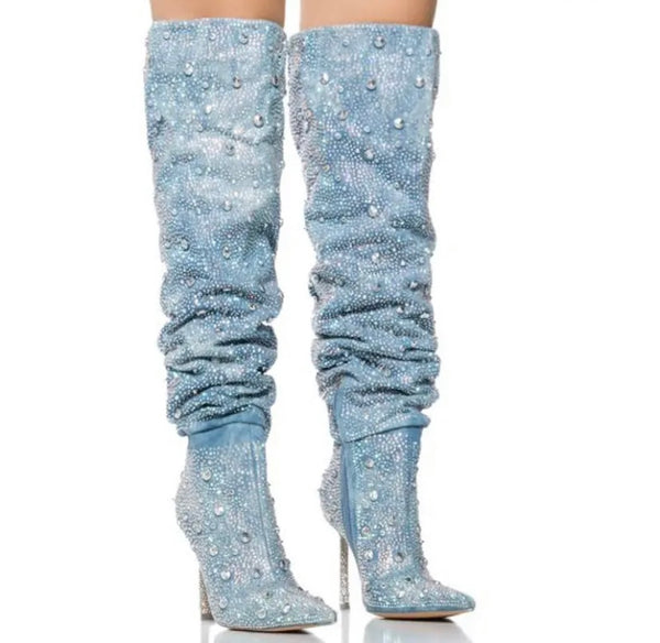 Women Fashion Ruched Bling Rhinestone Knee High Denim Boots