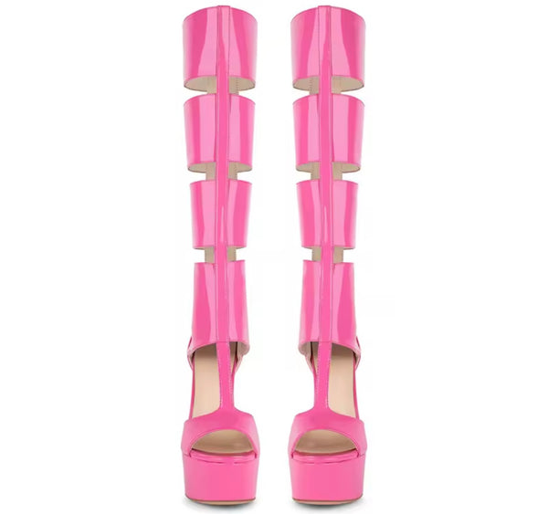 Women Fashion Color Open Toe Patent Leather Platform Knee High Sandals