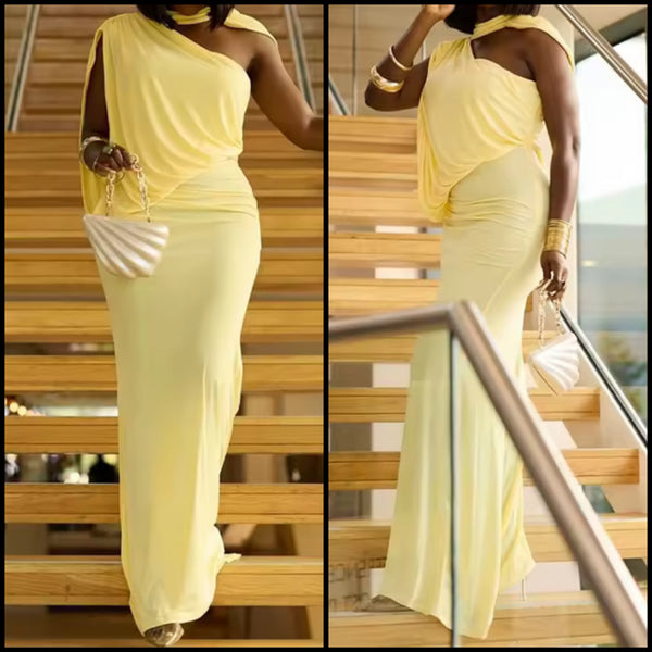 Women Sexy Yellow One Shoulder Ruched Maxi Dress