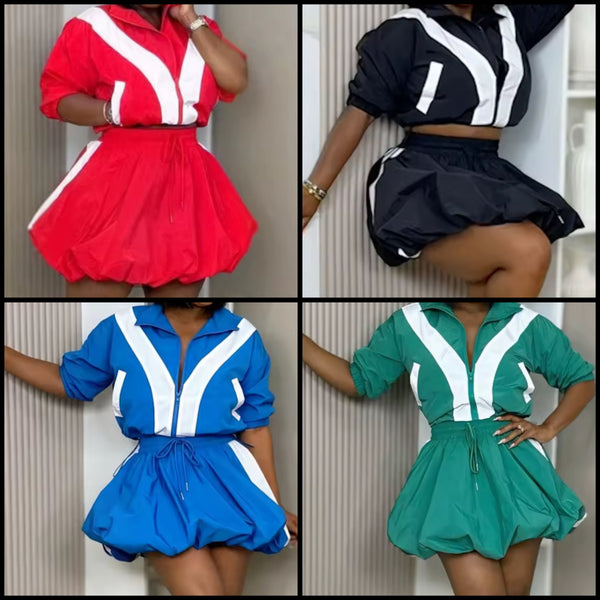 Women Zip Up Striped Tracksuit Two Piece Skirt Set