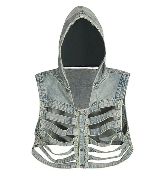 Women Sleeveless Hooded Ripped Fashion Denim Vest Top