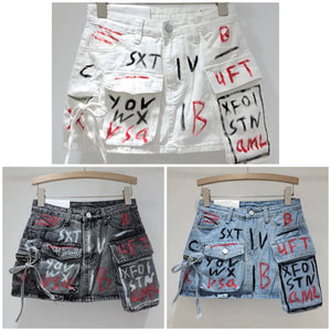 Women Fashion Graffiti Cargo Denim Skirt