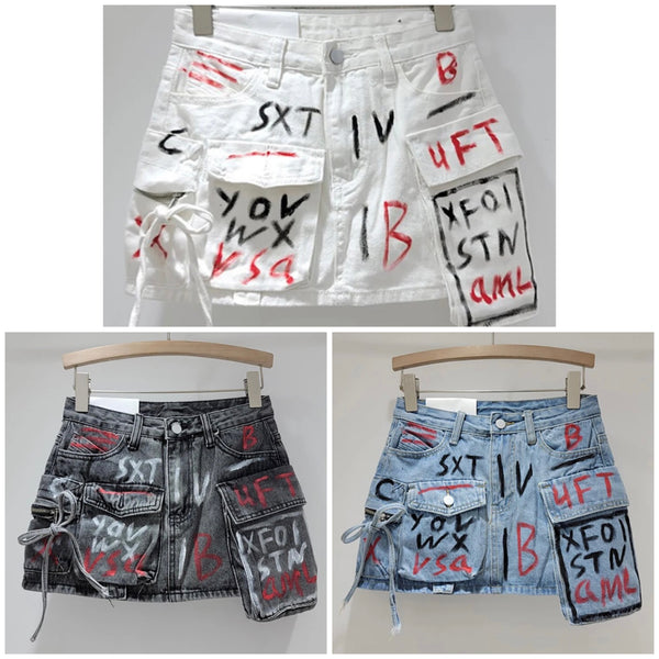 Women Fashion Graffiti Cargo Denim Skirt