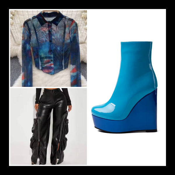 Women Fashion Blue Color Patchwork Platform Ankle Boots