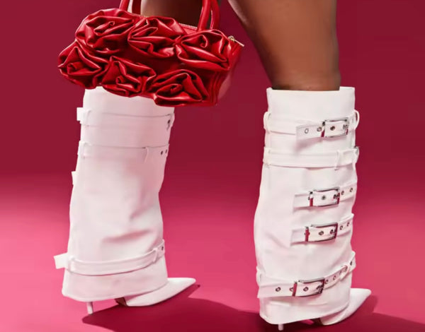 Women White Pointed Toe Buckled Fashion Knee High Boots