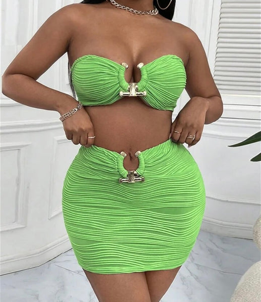 Women Sexy Metal Strapless Crop Two Piece Green Skirt Set