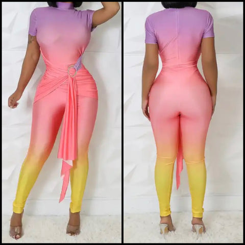 Women Sexy Short Sleeve Colorful Gradient Tie Up Jumpsuit