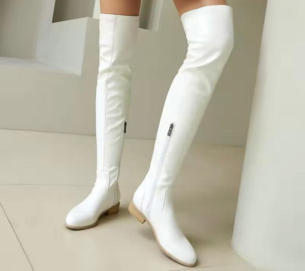 Women Color Over The Knee Flat Fashion Faux Leather Boots