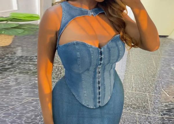 Women Sexy Sleeveless Corset Denim Two Piece Skirt Set