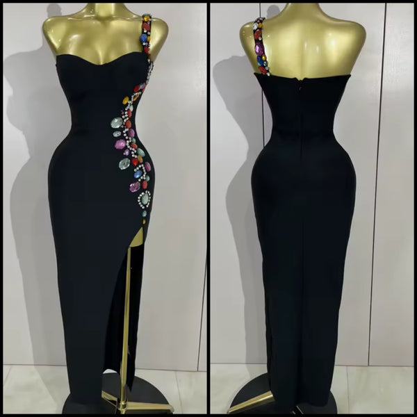 Women Black One Shoulder Sleeveless Colorful Crystal Maxi Dress