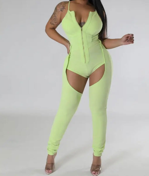 Women Sexy Sleeveless Front Zipper Cut Out Jumpsuit