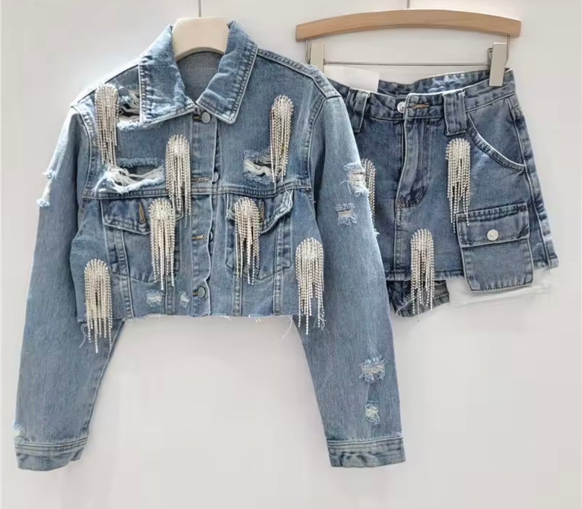 Women Fashion Rhinestone Tassel Denim Jacket Two Piece Skirt Set