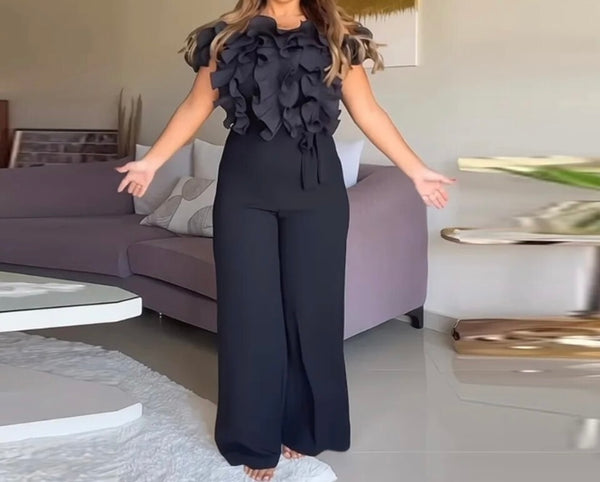 Women Sexy Black Off The Shoulder Ruffled Short Sleeve Jumpsuit