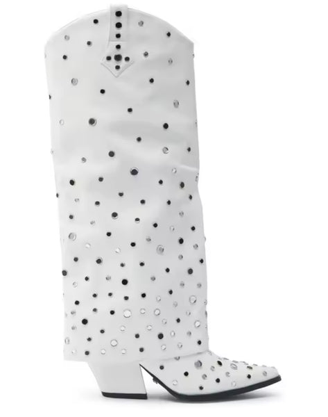 Women Fashion White Bling Rivet Knee High Western Boots