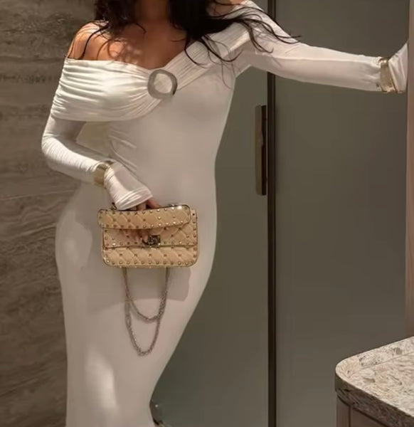 Women Sexy Solid Color Off The Shoulder Full Sleeve Maxi Dress