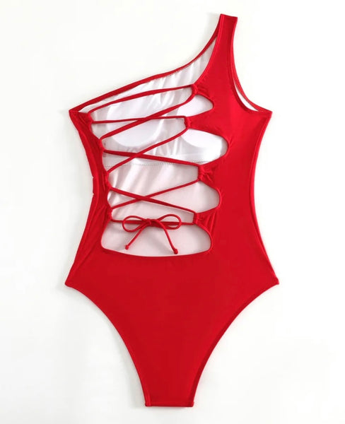 Women Sexy Red One Shoulder Lace Up Open Back Swimsuit